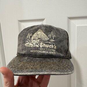 Vintage Gray Acid Wash Denim Cap SnapBack Fishing Theme 90s *$20 items 2 FOR 30*